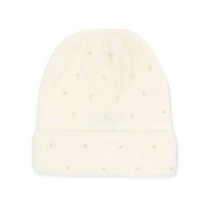 Steve Madden Ribbed Faux Pearl Embellished Ivory Beanie
